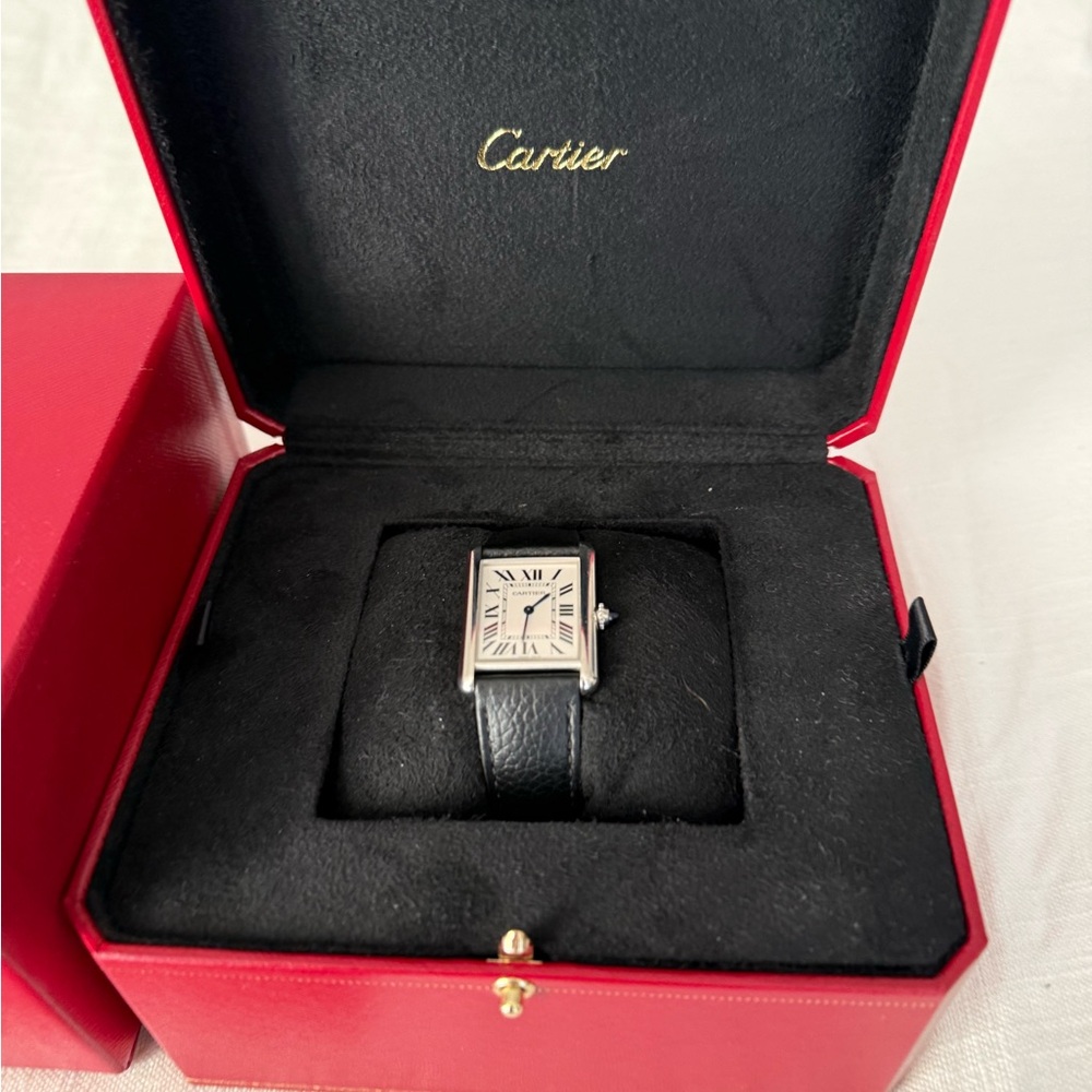 Cartier Silver Dial Black Leather Watch